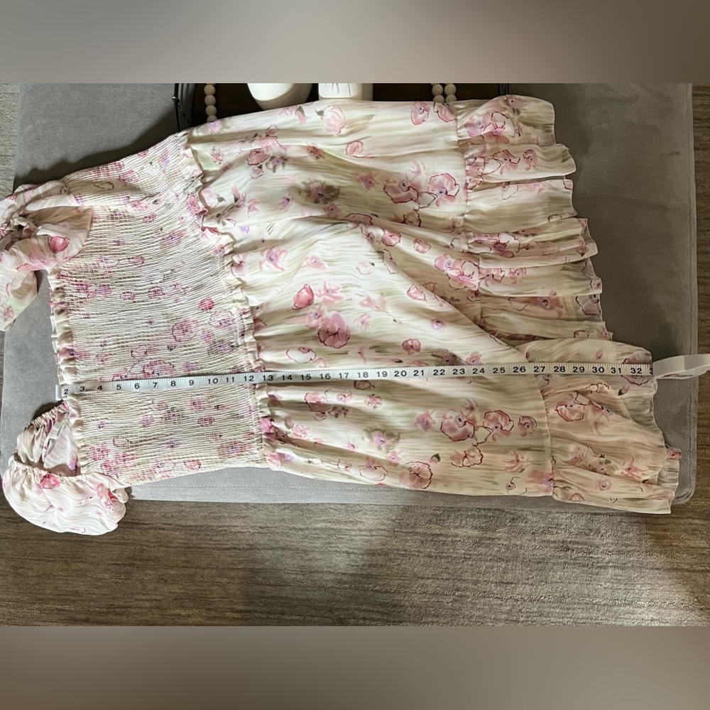 Never Worn! Black Tape Floral Mini Dress! Size:XL Color:Pink/Green on Taupe. - Picture 7 of 7